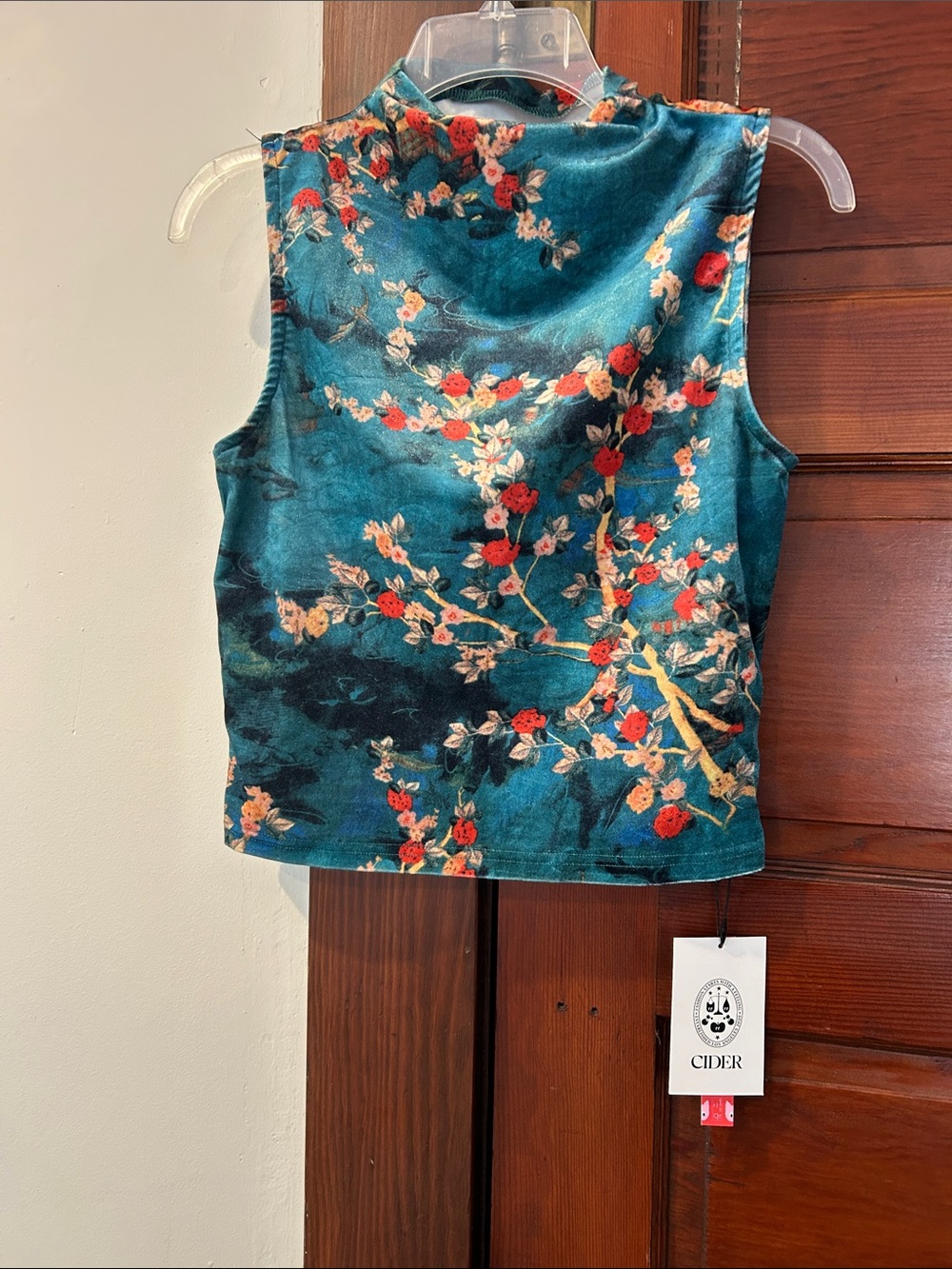 Cider Teal Floral Velvet Mock Neck Top L NWT